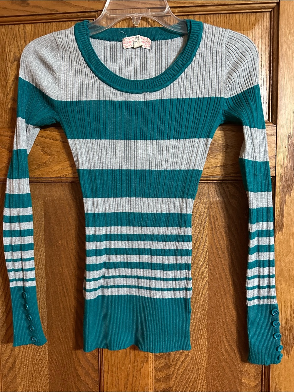 Pink Republic Teal and Light Gray Striped Ribbed Long-Sleeve Top